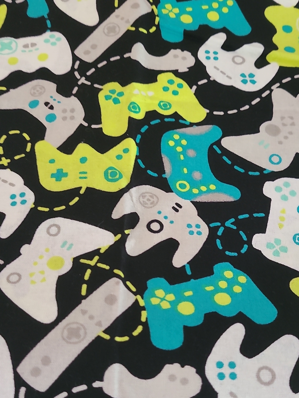 Gamer Controllers Print Fabric - Neon Teal & Lime on Black
